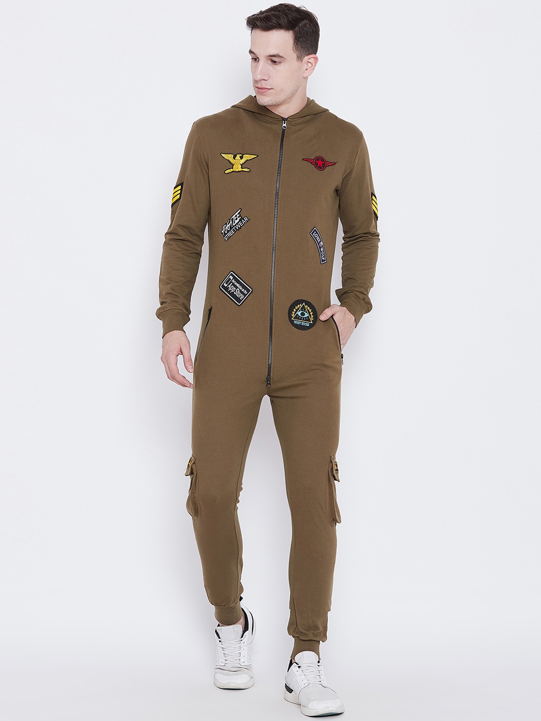 

FUGAZEE Men Khaki Solid Slim Fit Hooded Basic Jumpsuit