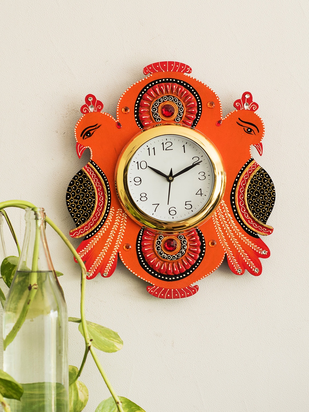 eCraftIndia White & Orange Handcrafted Bird Shaped Solid Analogue Wall Clock