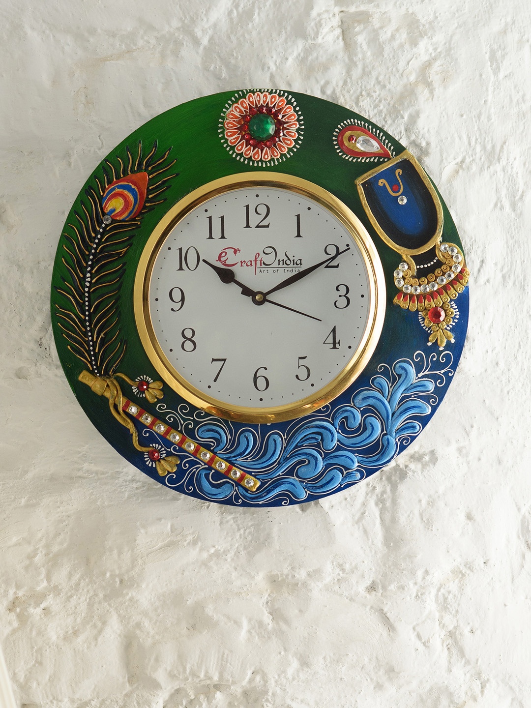 

eCraftIndia White & Blue Handcrafted Round Embellished Analogue Wall Clock