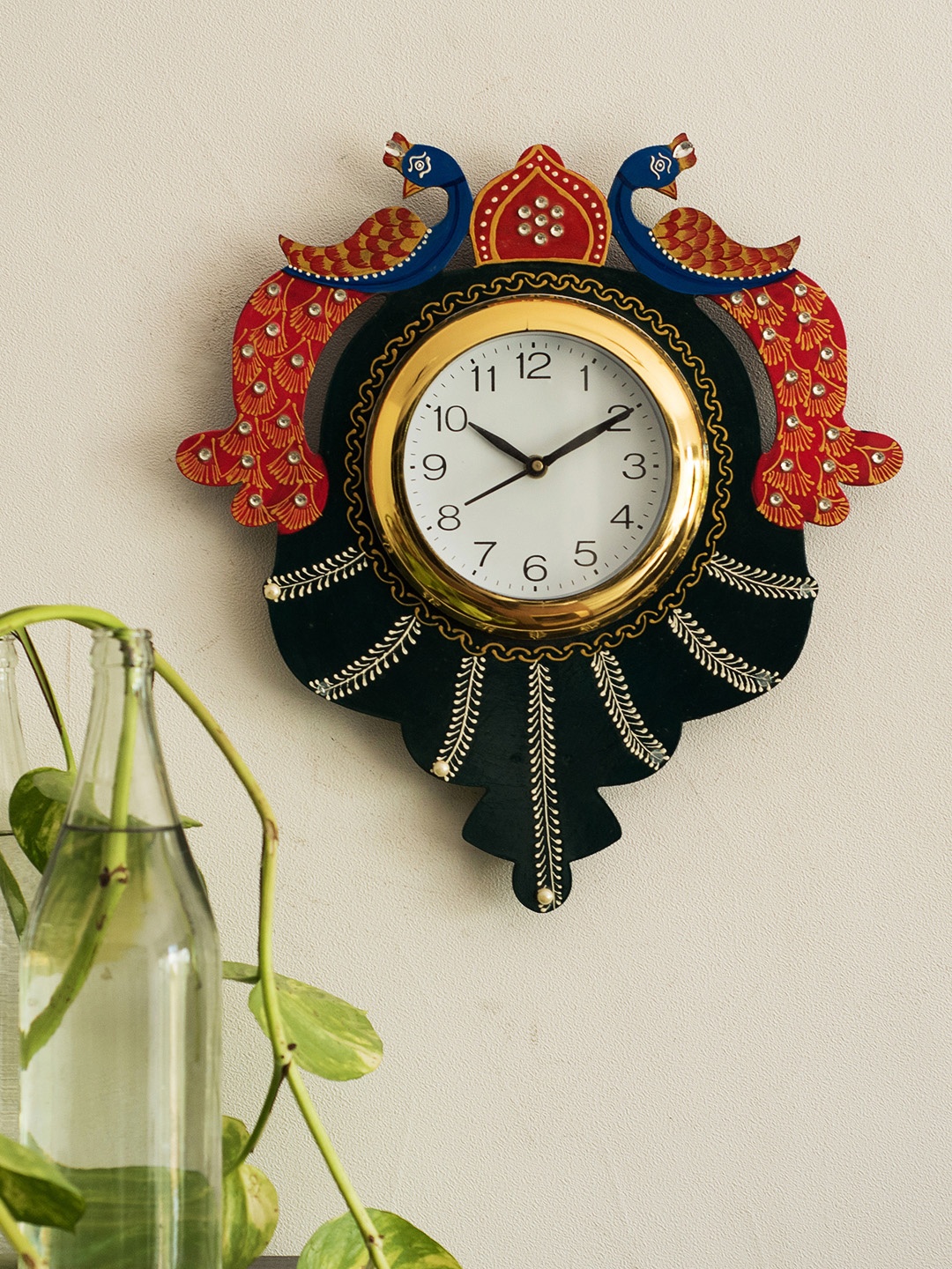 

eCraftIndia White & Navy Blue Handcrafted Bird Shaped Embellished Analogue Wall Clock