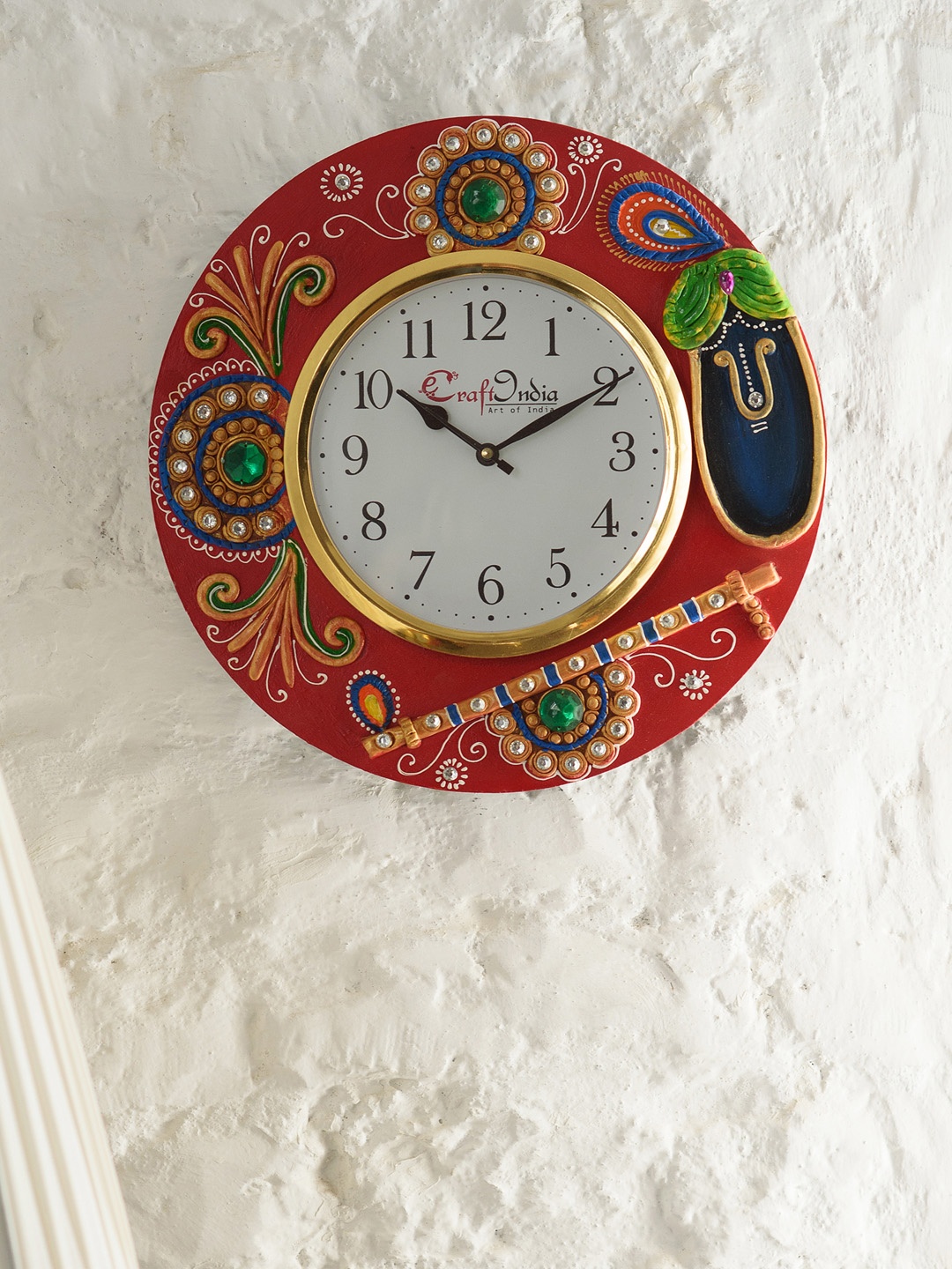 

eCraftIndia Red Handcrafted Round Embellished Analogue Wall Clock