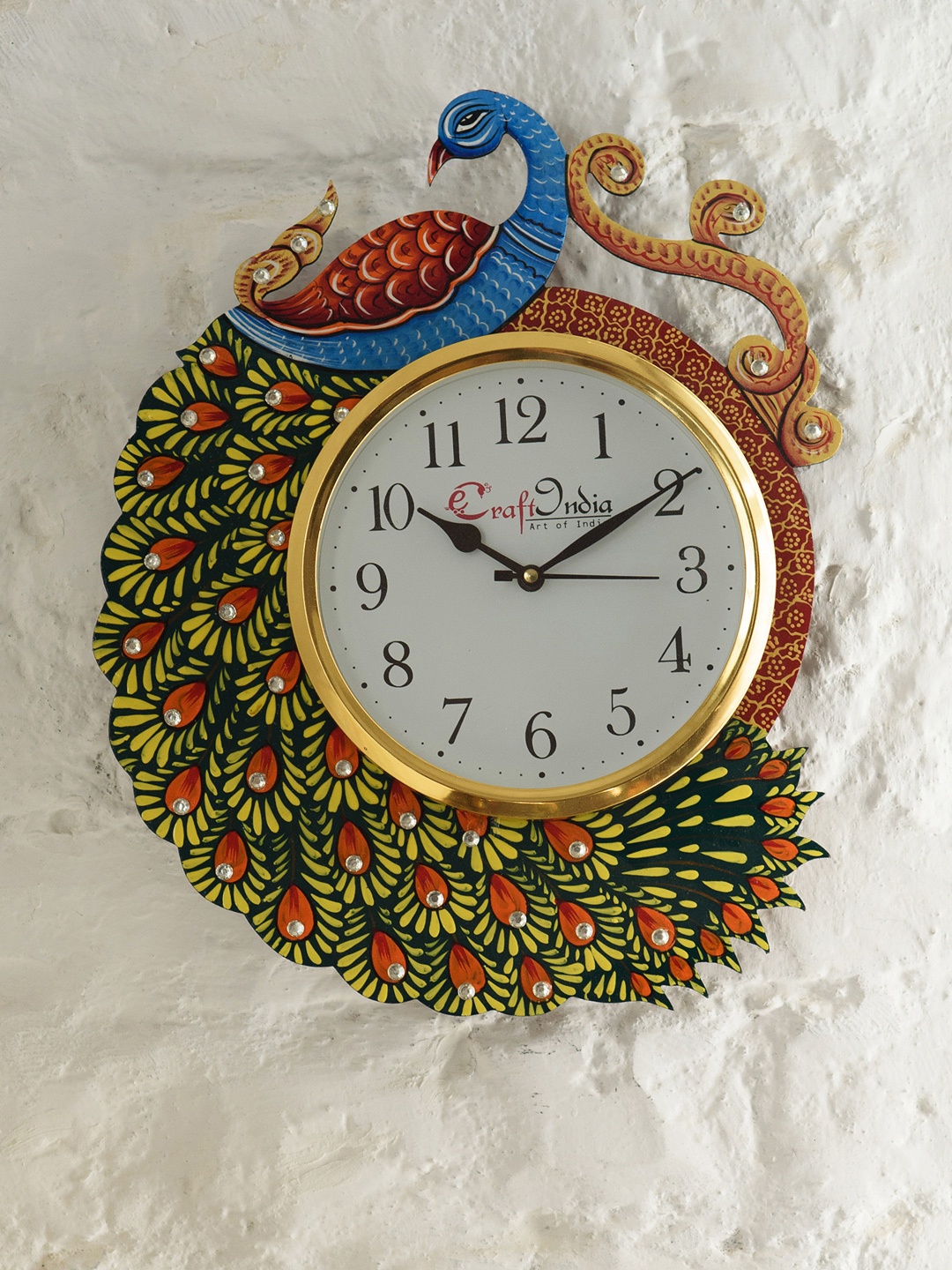 

eCraftIndia Multicoloured Handcrafted Bird Shaped Embellished Analogue Wall Clock, Multi