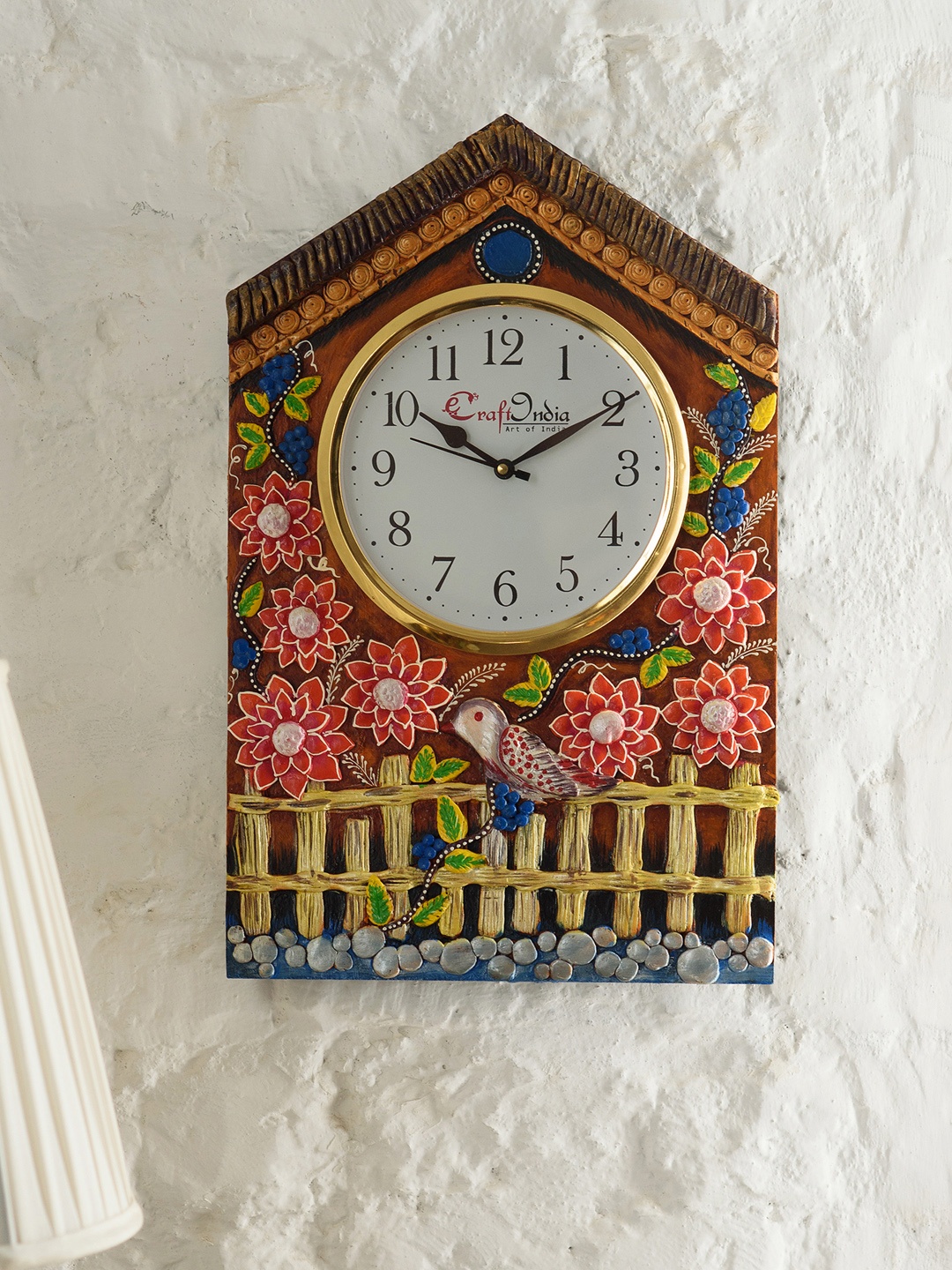 

eCraftIndia White & Gold-Toned Handcrafted Quirky Embellished Analogue Wall Clock