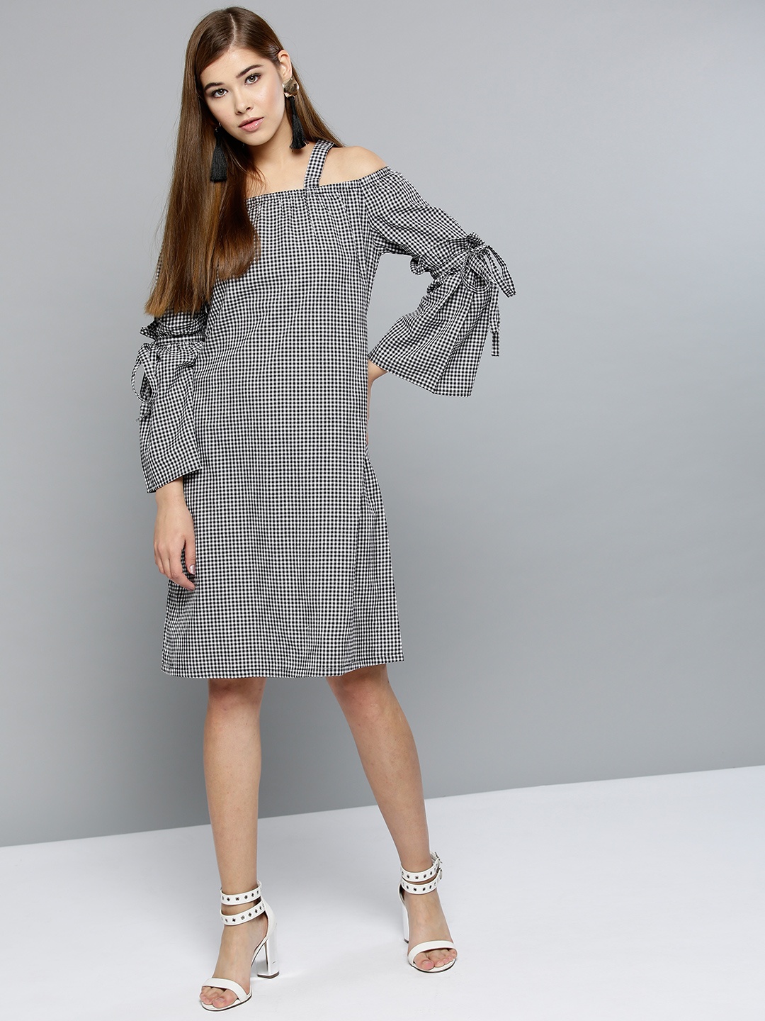 

RARE Women Black & White Checked Off-Shoulder A-Line Dress