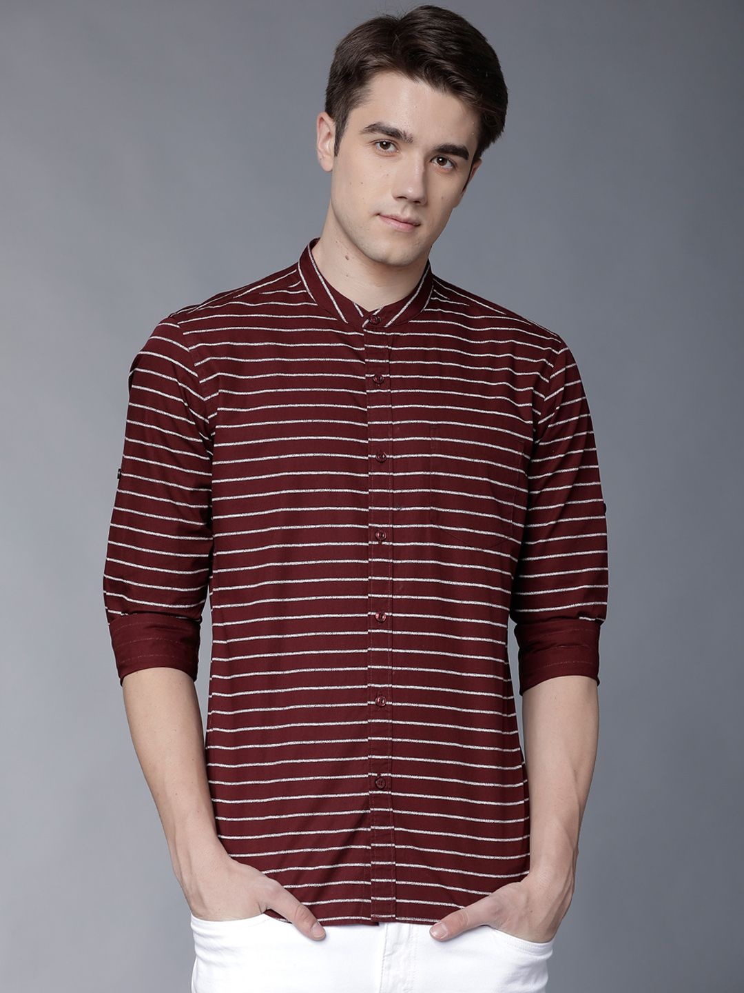 

HIGHLANDER Men Maroon & White Slim Fit Striped Casual Shirt