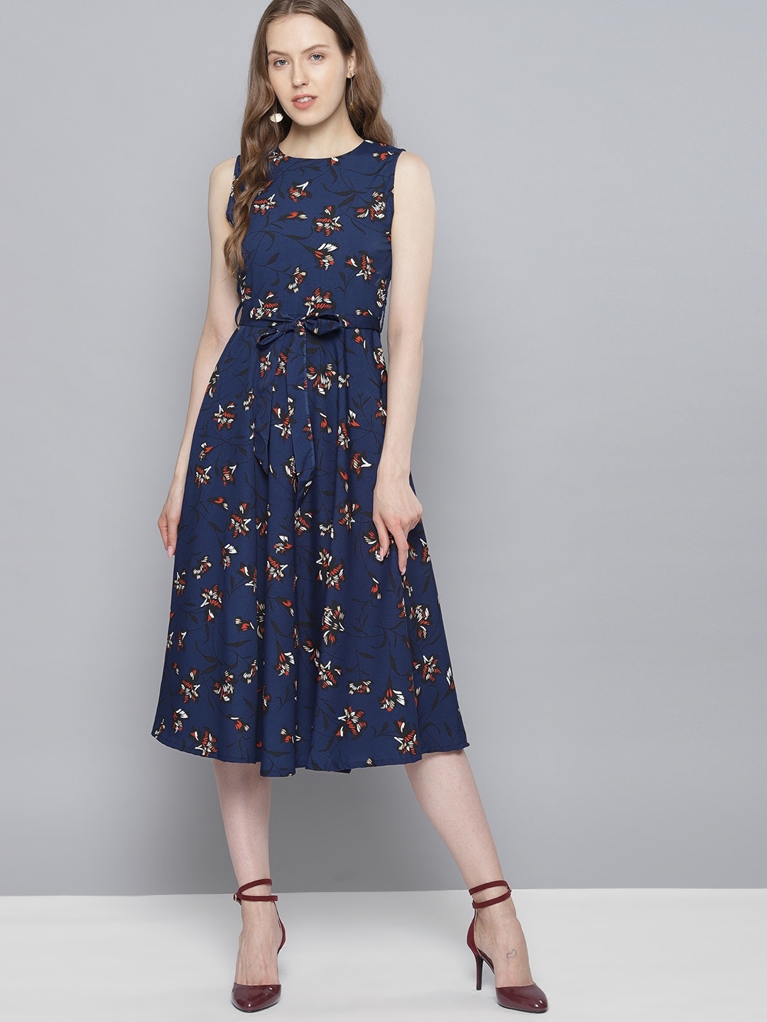 

Tokyo Talkies Women Navy Blue Printed Fit and Flare Dress