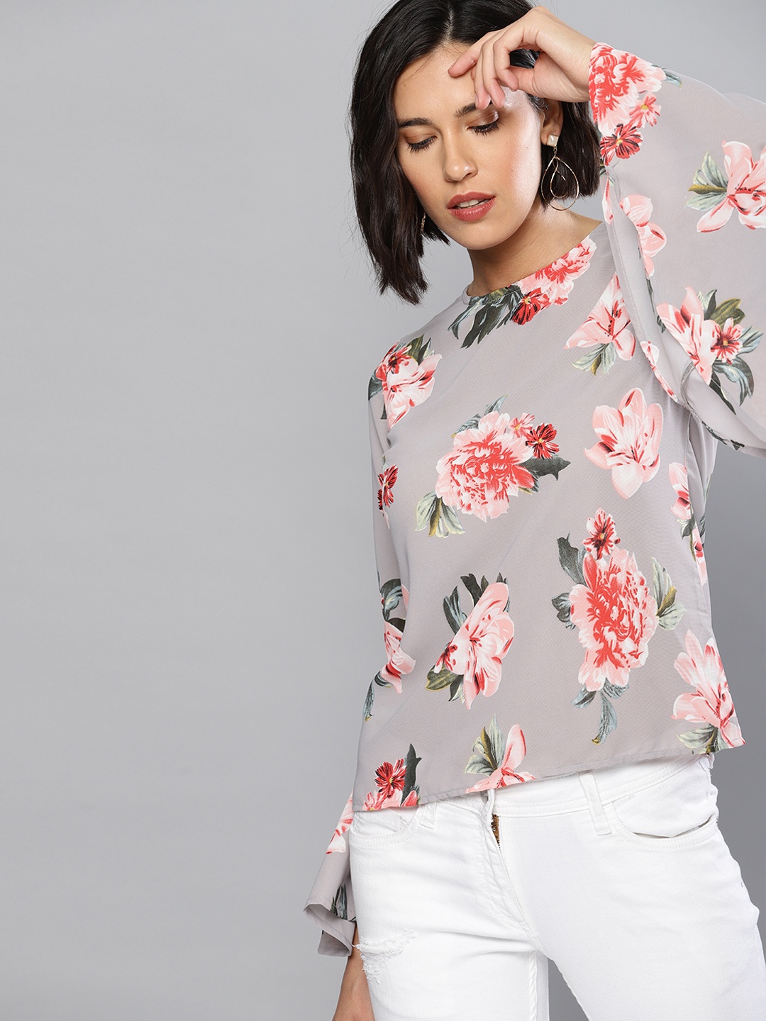 

Tokyo Talkies Women Grey & Orange Floral Printed Top