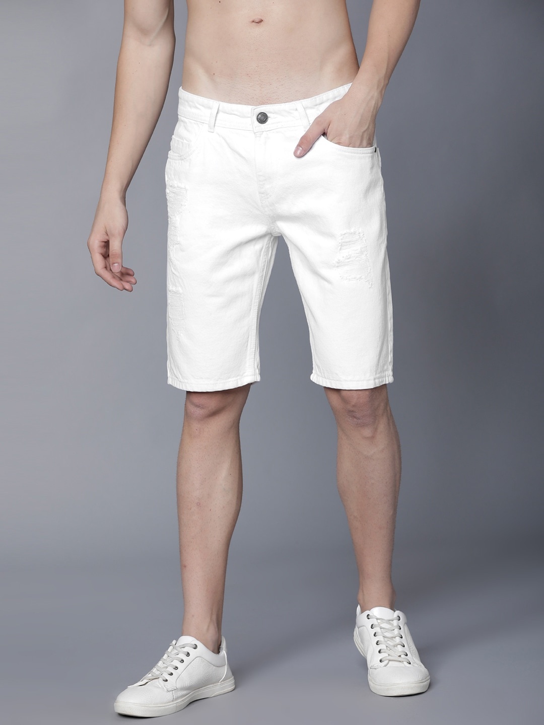 

HIGHLANDER Men White Solid Slim Fit Denim Shorts