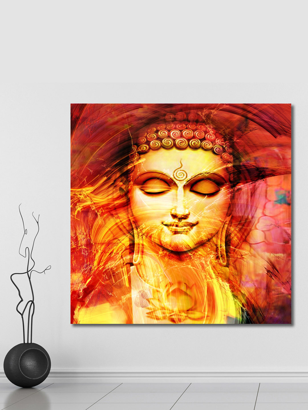 

999Store Red & Yellow Hand-Painted Buddha Face Wall Painting