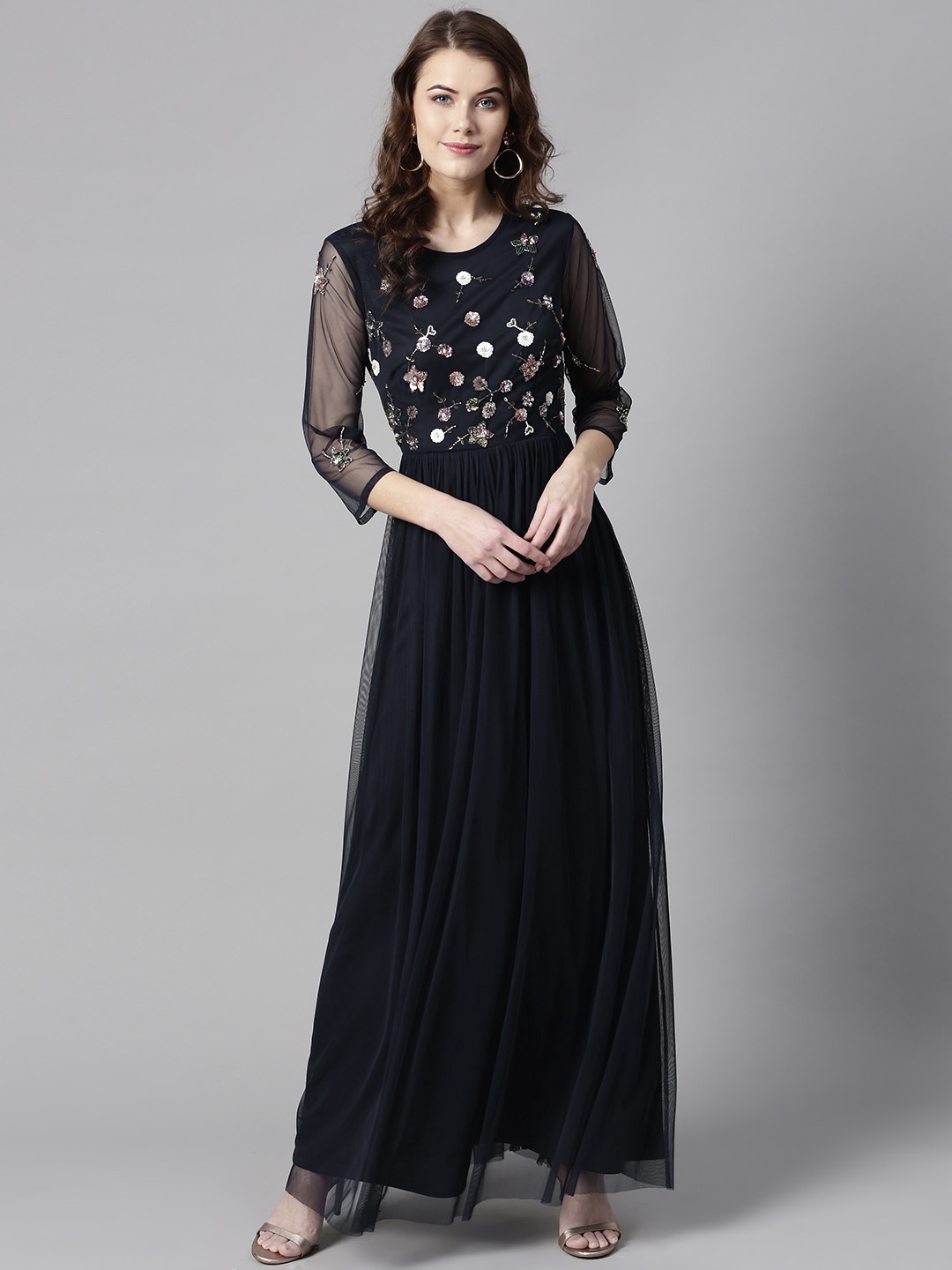 

STREET 9 Women Navy Blue Solid Net Maxi Dress with Sequinned Detail
