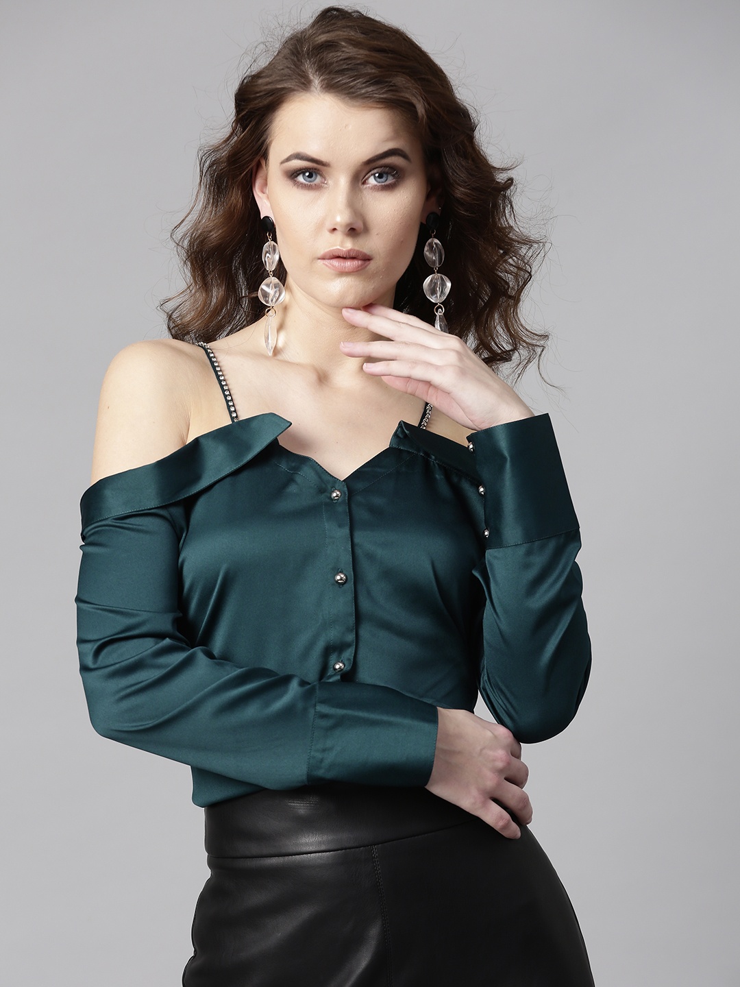 

STREET 9 Women Green Solid Satin Finish Bardot Top