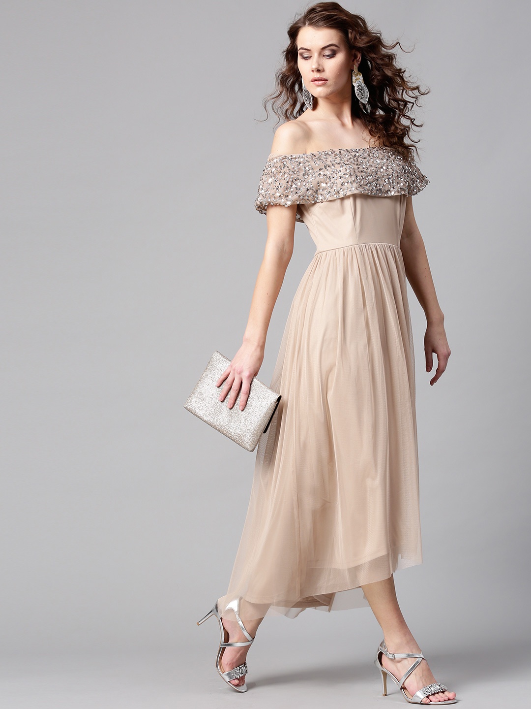 

STREET 9 Women Beige Solid Net Off-Shoulder Maxi Dress