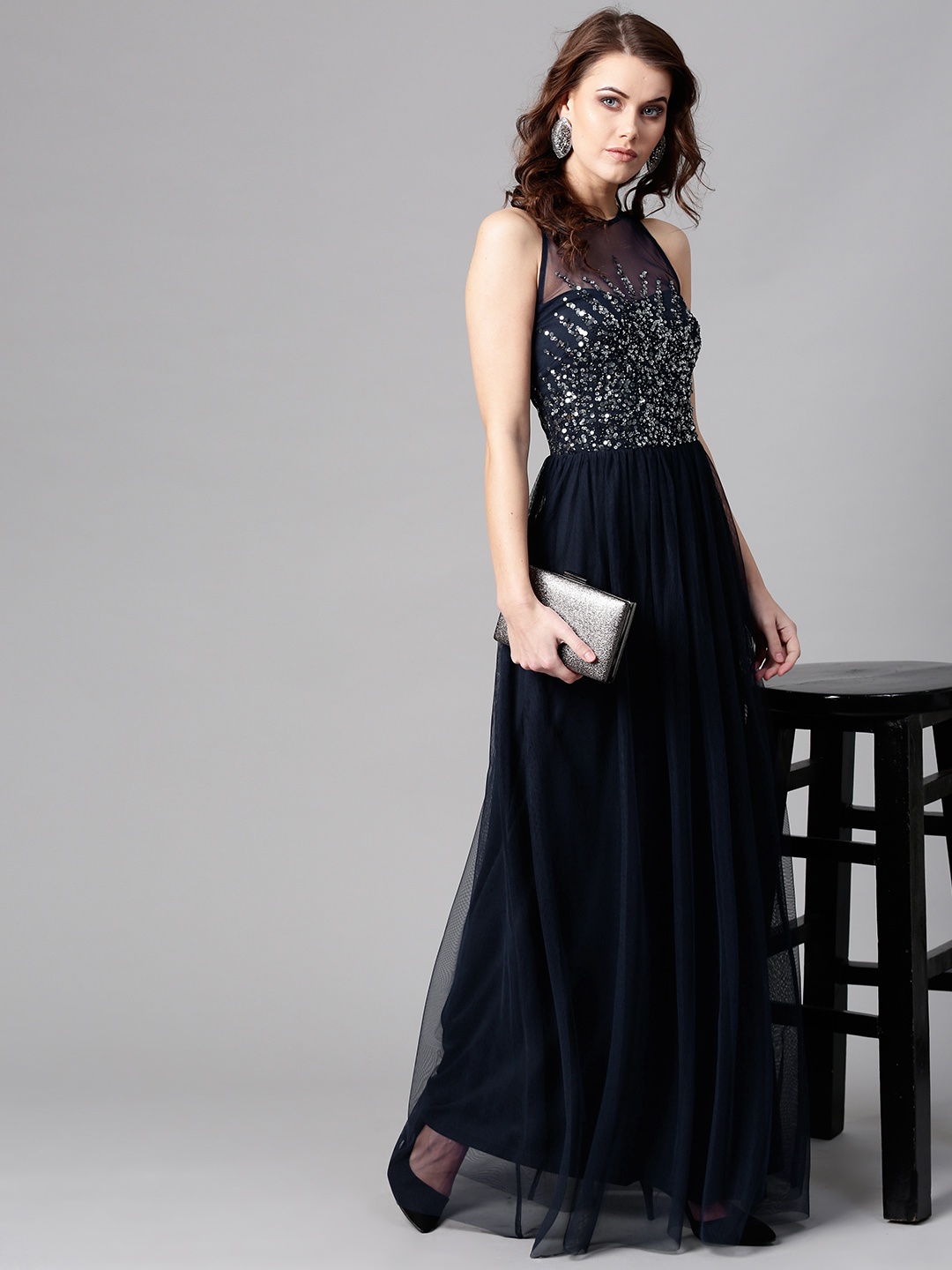 

STREET 9 Women Navy Blue Embellished Detail Net Maxi Dress