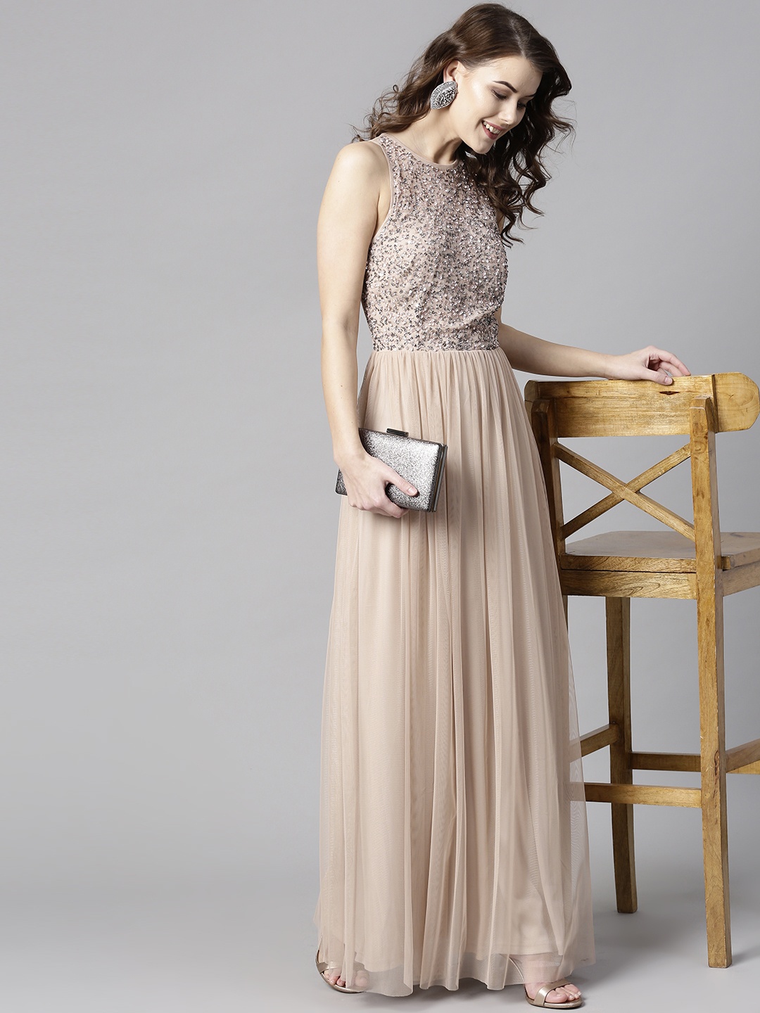 

STREET 9 Women Peach-Coloured Solid Maxi Dress with Sequinned Detail
