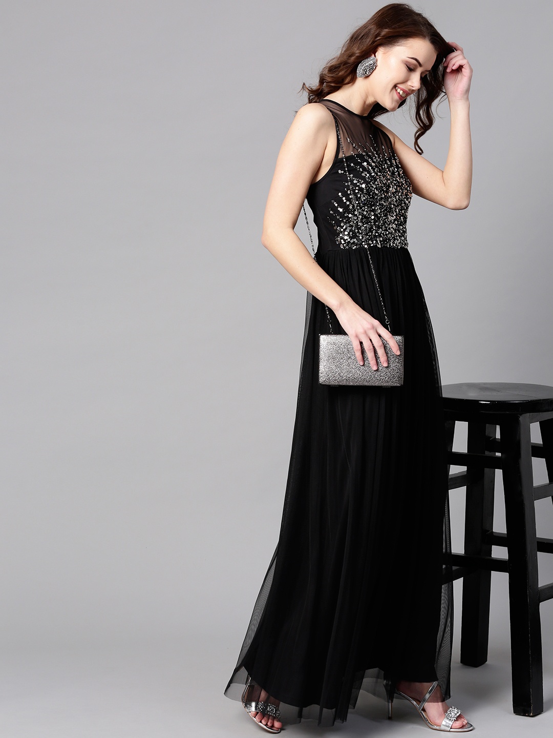 

STREET 9 Women Black Solid Net Maxi Dress with Sequinned Detail