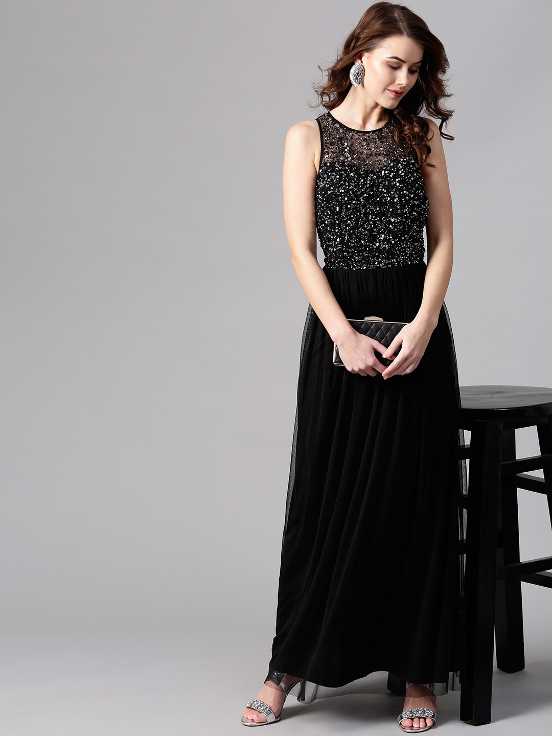 

STREET 9 Net Maxi Dress with Sequinned Detail, Black