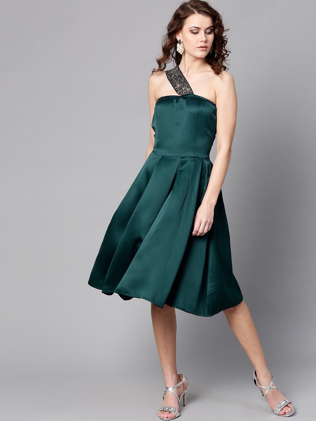 

STREET 9 Women Teal Green Solid Satin Finish Fit and Flare Dress