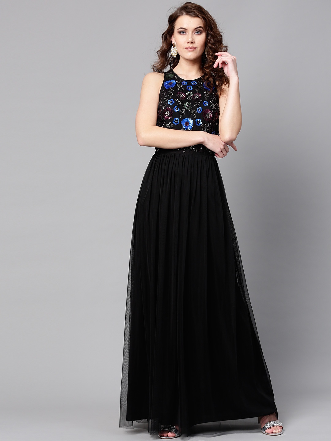 

STREET 9 Women Black Net Embellished Detail Maxi Dress