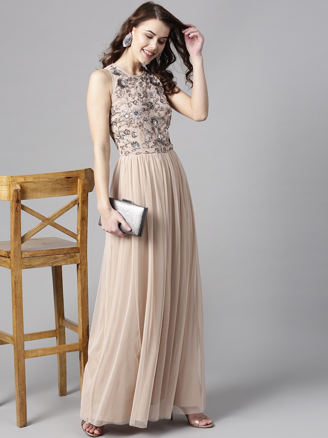 

STREET 9 Women Peach-Coloured Solid Maxi Dress with Embellished Detail