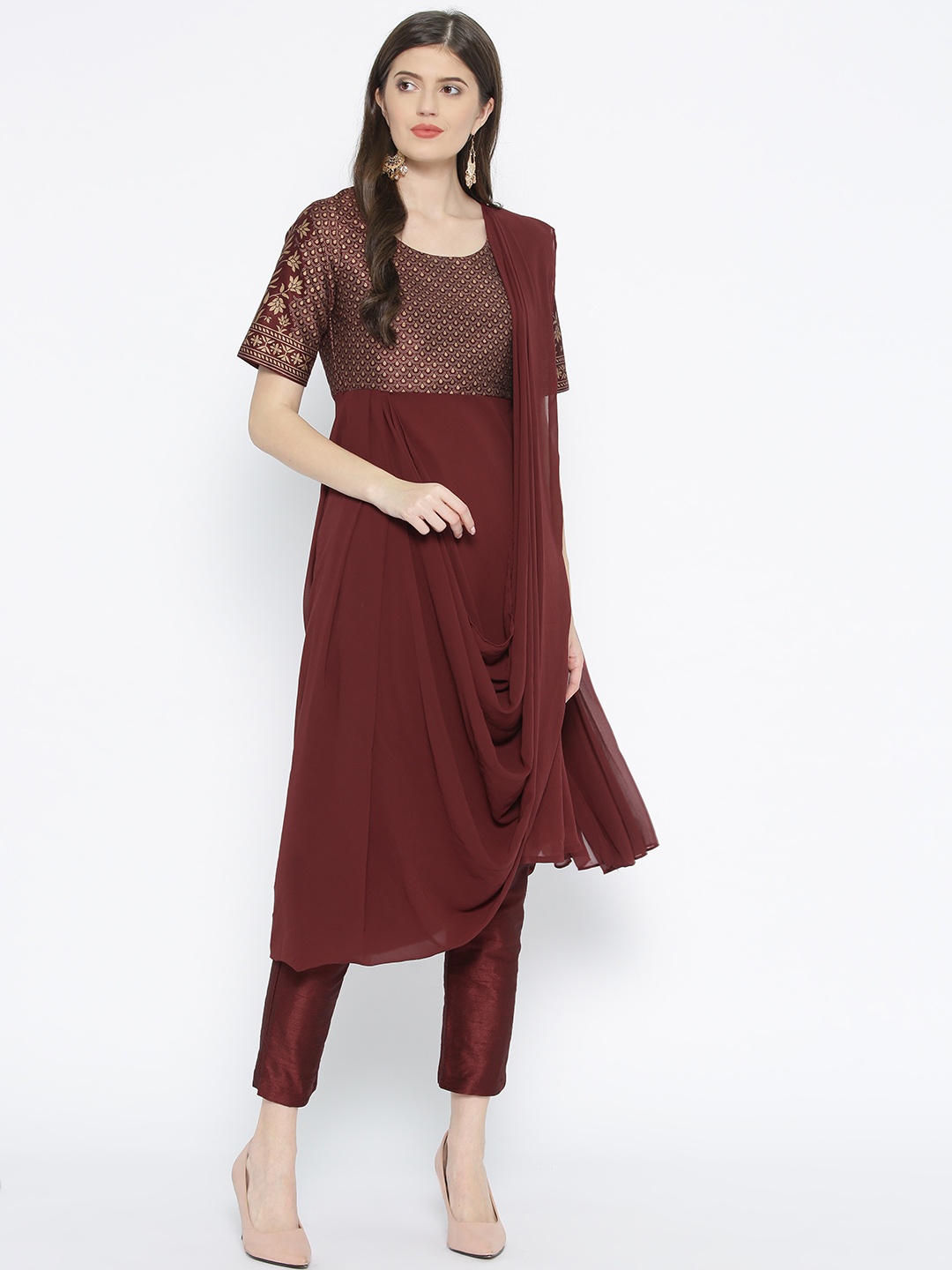 

Biba Women Rust Brown Yoke Design Kurta with Trousers