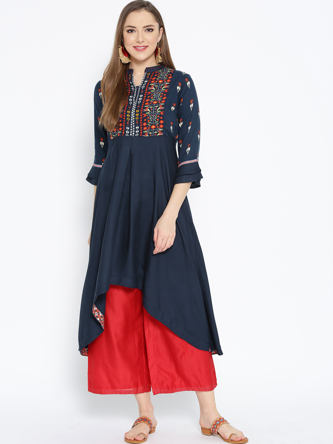 

Biba Women Navy Blue Yoke Design Asymmetric A-Line Kurta