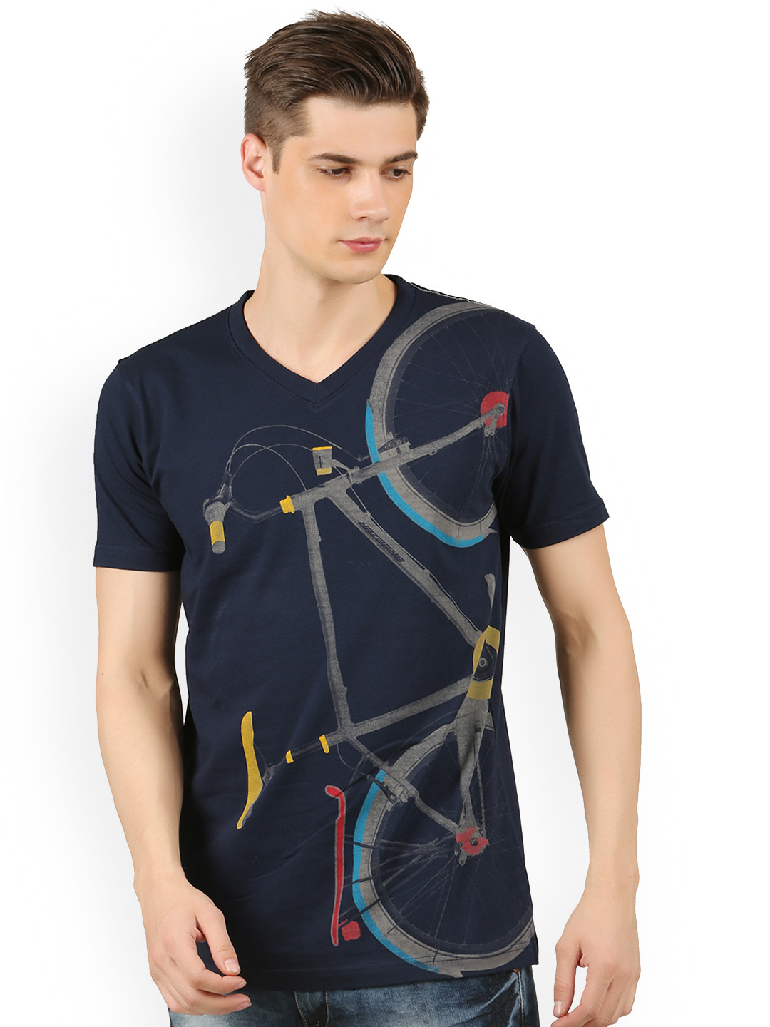 

WEXFORD Men Navy Blue Printed V-Neck T-shirt
