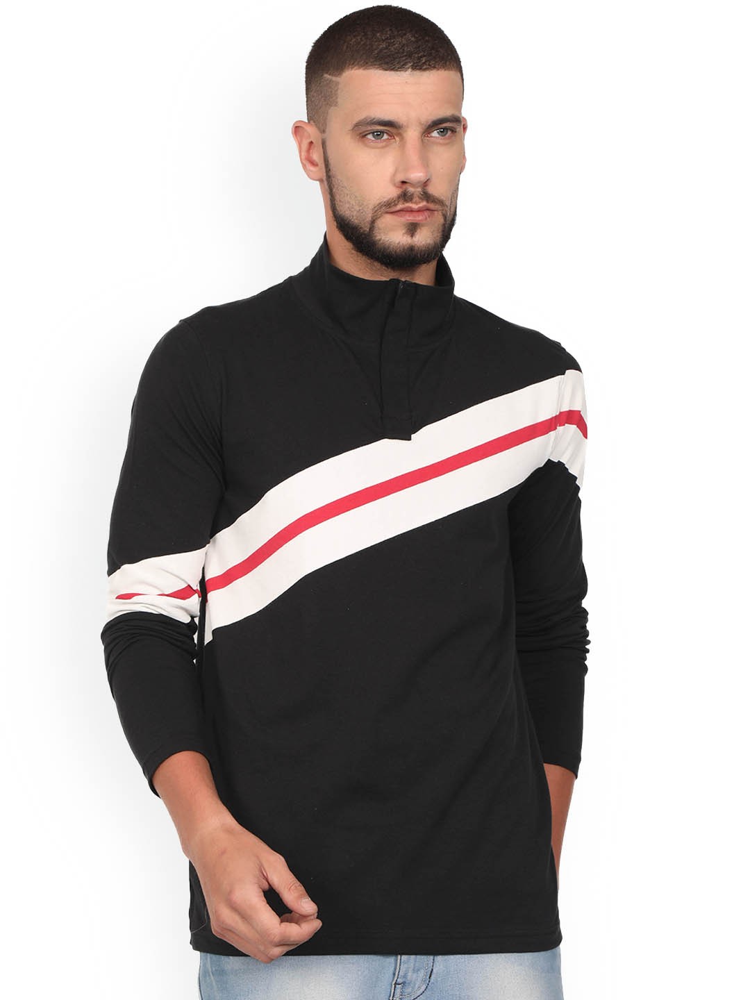 

WEXFORD Men Black Striped High Neck T-shirt