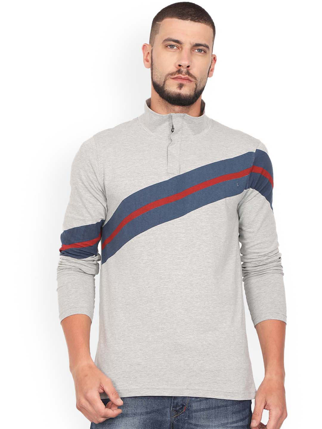 

WEXFORD Men Grey Striped High Neck T-shirt