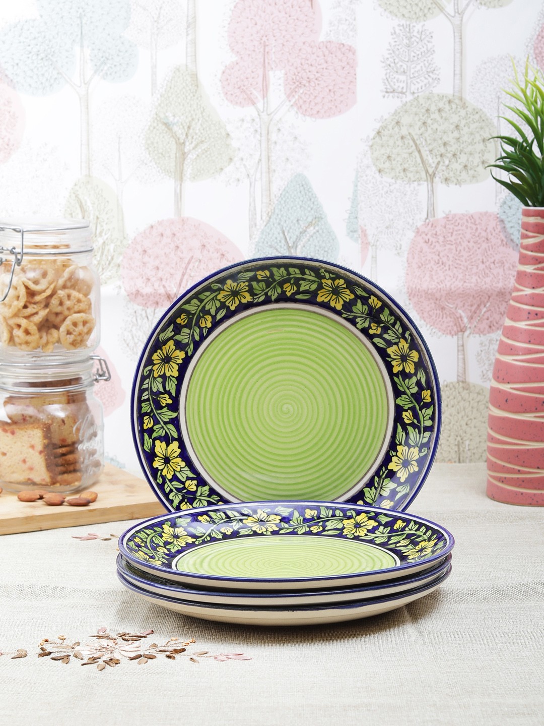 

VarEesha Set of 4 Green Hand-Painted Ceramic Plates