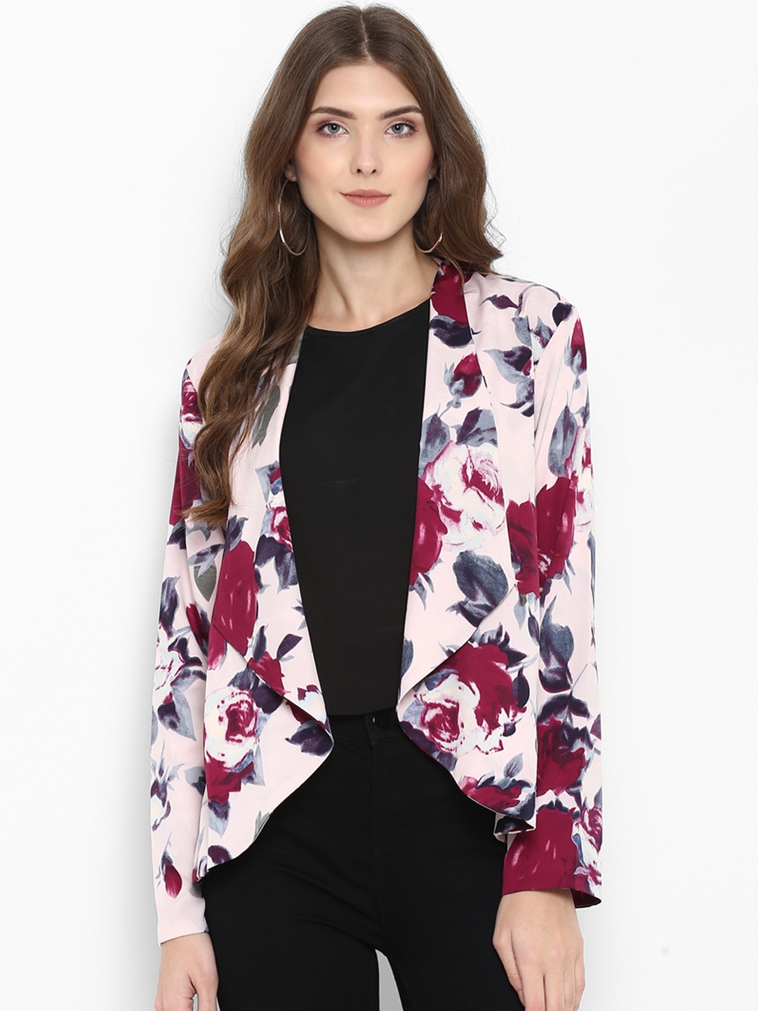 

PURYS Pink Printed Open Front Shrug