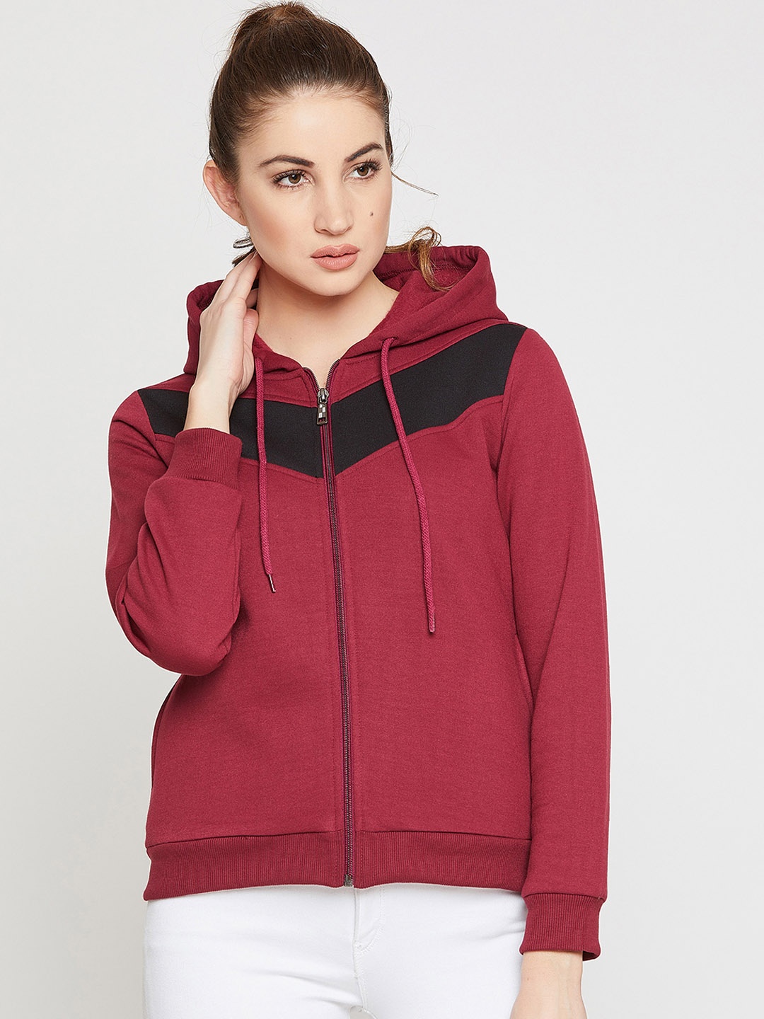 

RARE Women Maroon & Black Colourblocked Hooded Sweatshirt