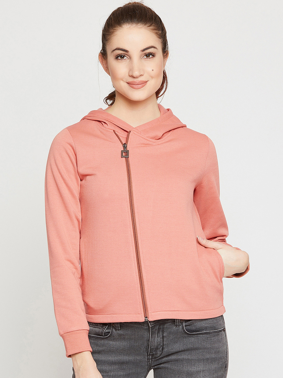 

RARE Women Peach-Coloured Solid Hooded Sweatshirt