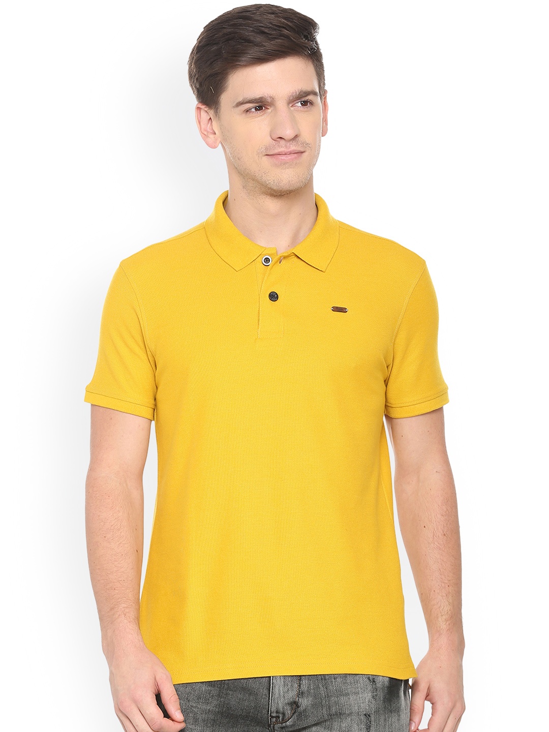 

People Men Yellow Solid Polo Collar T-shirt
