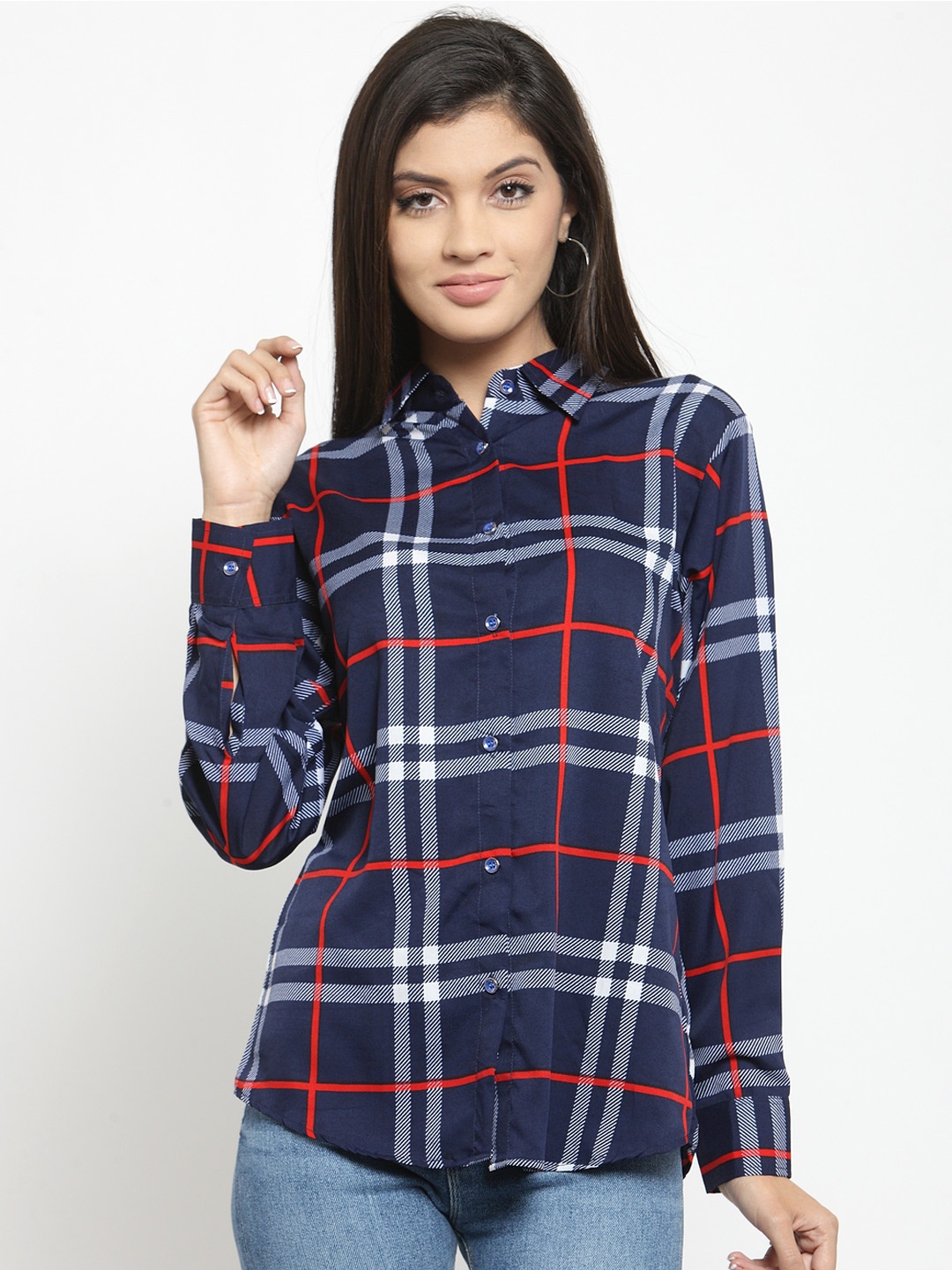 

Indietoga Women Navy Blue & Red Regular Fit Checked Casual Shirt