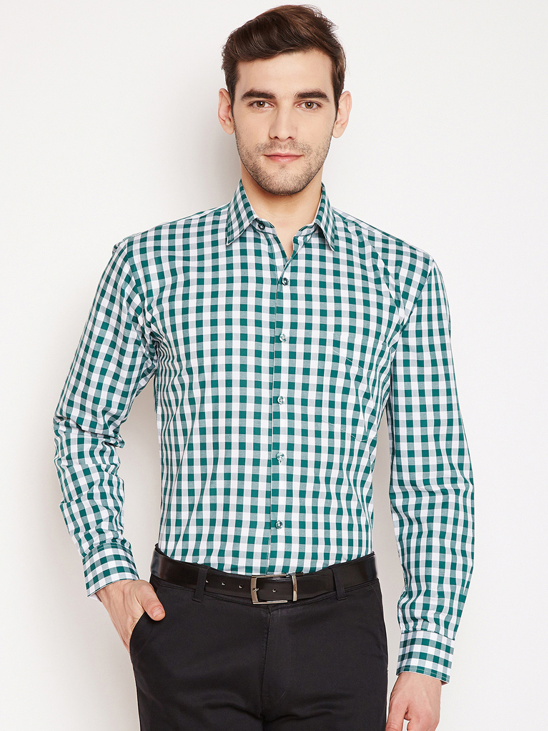 

Hancock Men Green & White Slim Fit Checked Formal Shirt