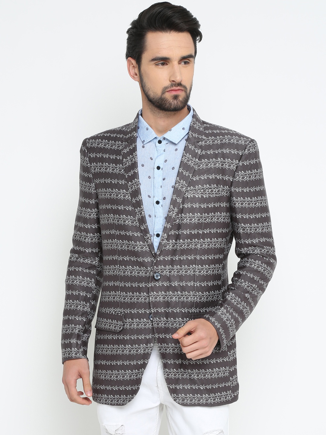 

SHOWOFF Men Grey Printed Slim Fit Single-Breasted Pure Cotton Blazer