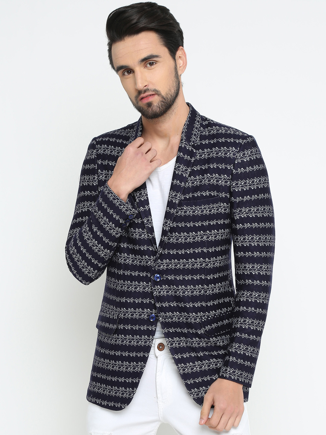 

SHOWOFF Men Navy Blue Printed Slim Fit Single-Breasted Pure Cotton Blazer