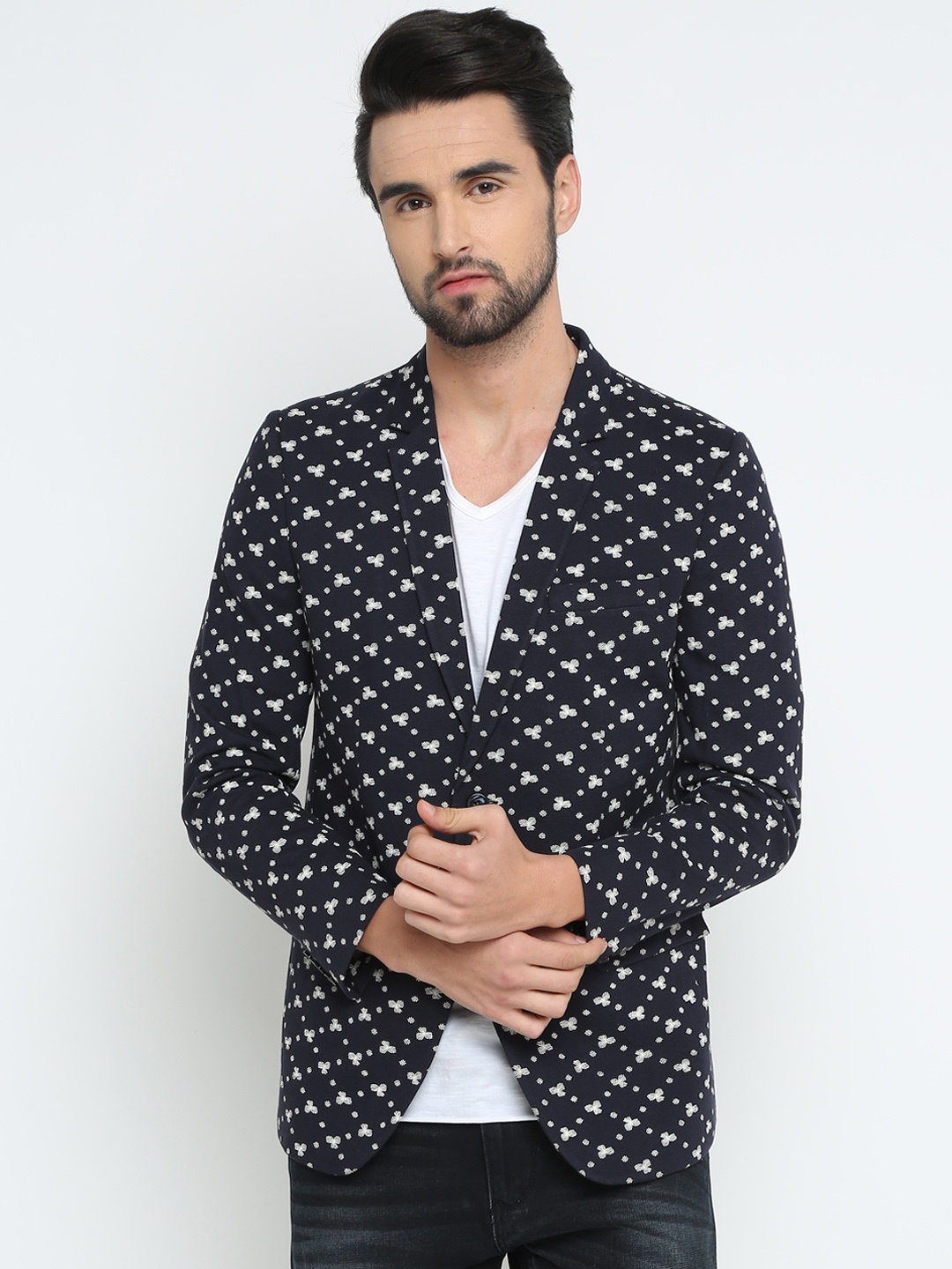 

SHOWOFF Men Navy Blue Printed Slim Fit Single-Breasted Pure Cotton Blazer