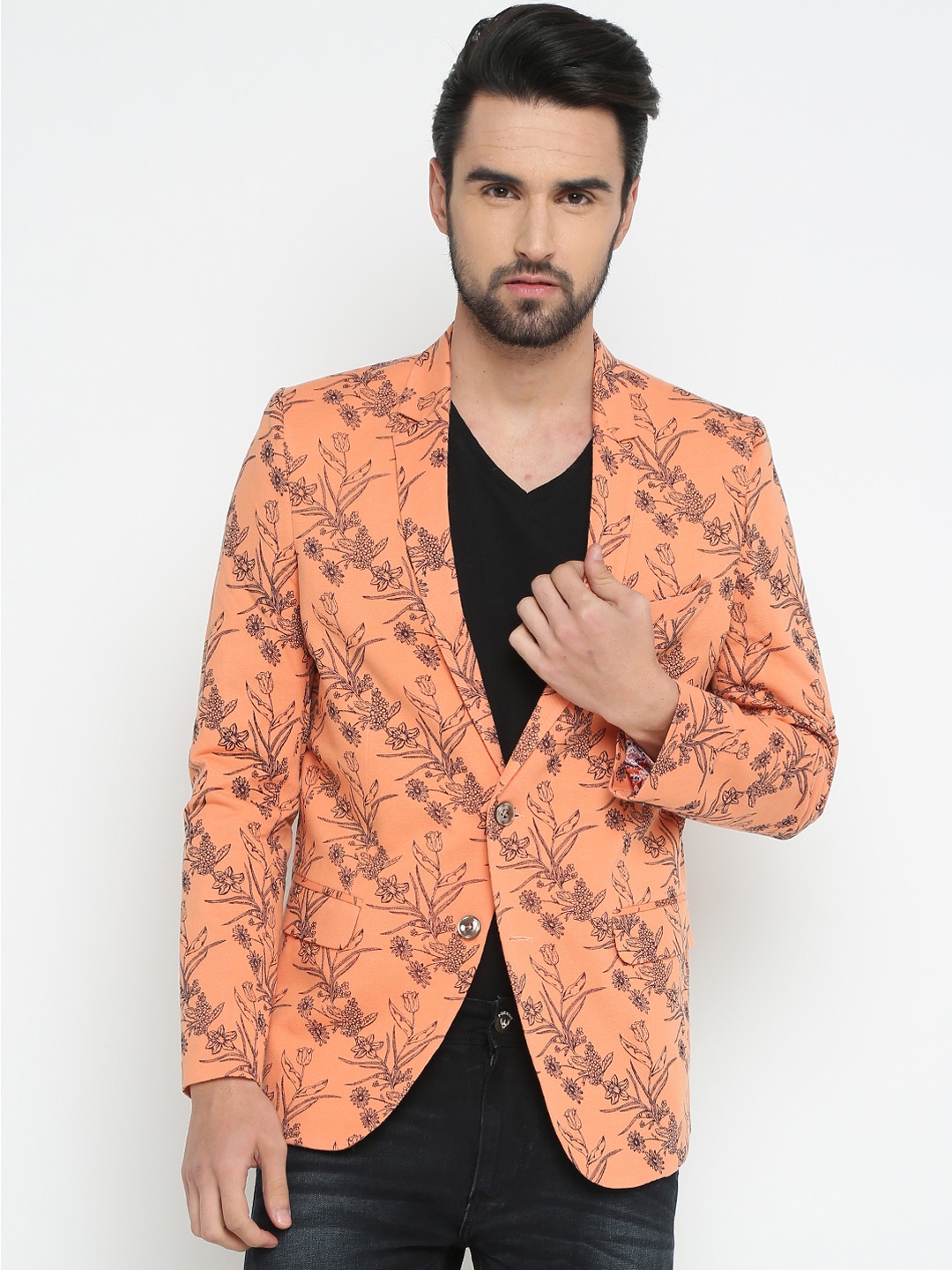 

SHOWOFF Men Orange Printed Slim Fit Single-Breasted Pure Cotton Blazer