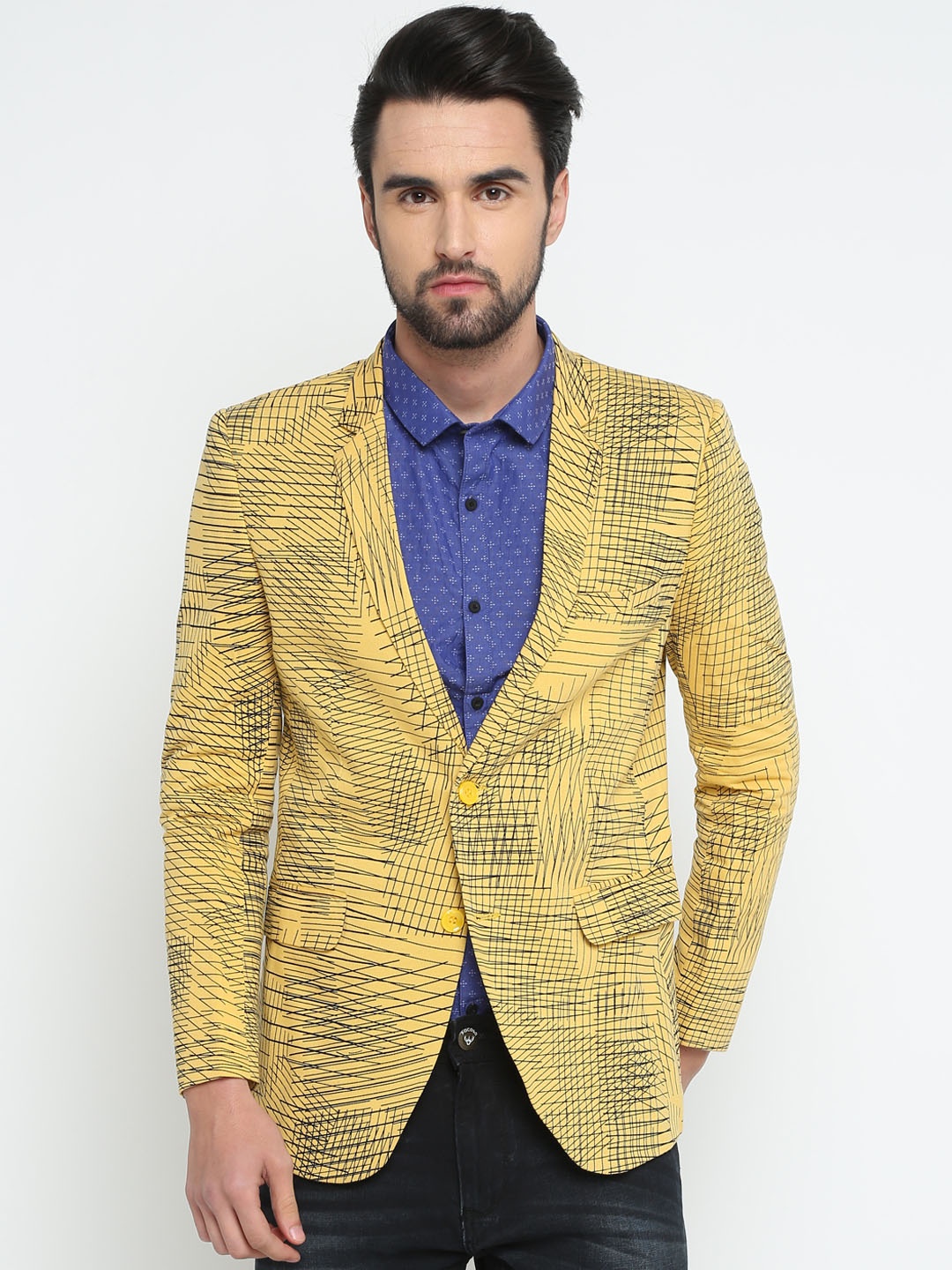 

SHOWOFF Men Yellow Printed Slim Fit Single-Breasted Pure Cotton Blazer