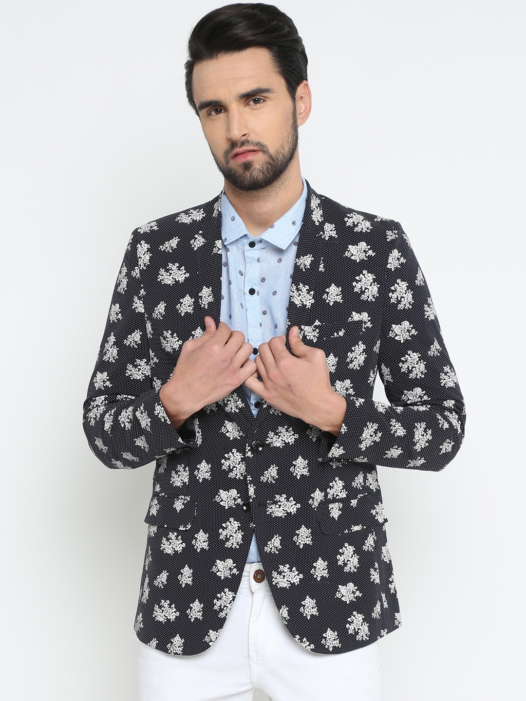 

SHOWOFF Men Navy Blue Printed Slim Fit Single-Breasted Pure Cotton Blazer