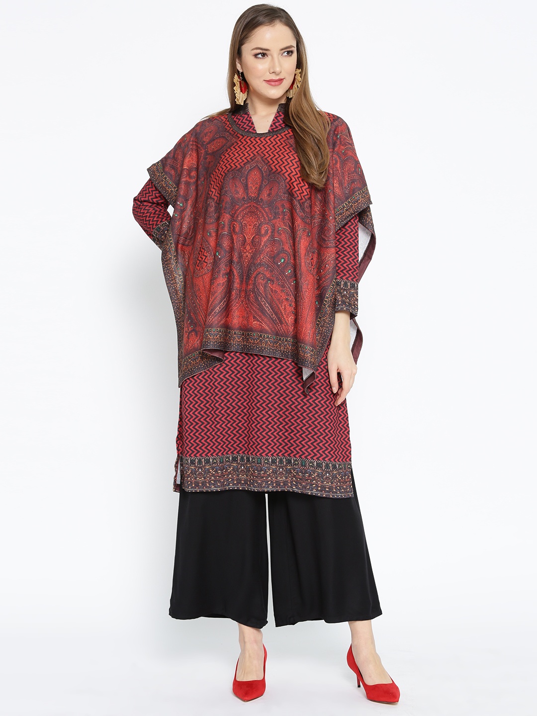 

Biba Women Maroon & Black Printed Straight Kurta with Printed Cape