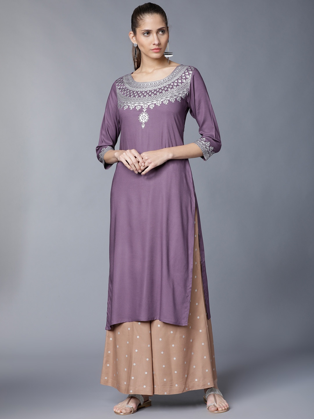 

Vishudh Women Purple & Brown Printed Kurta with Palazzos