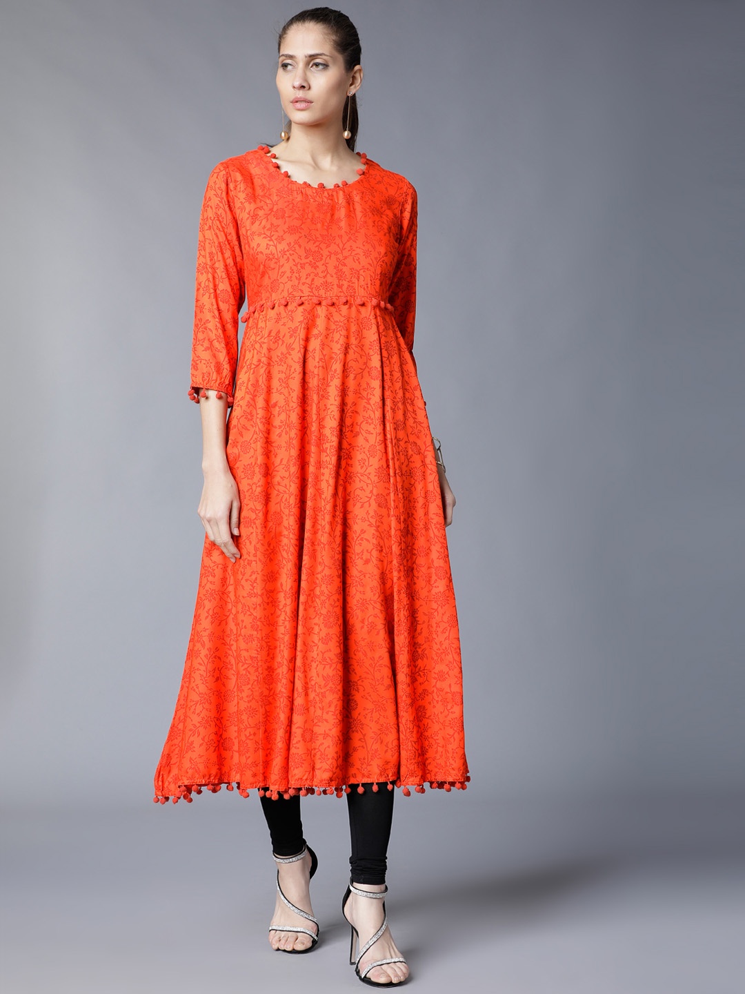 

Vishudh Women Orange Floral Printed Anarkali Kurta