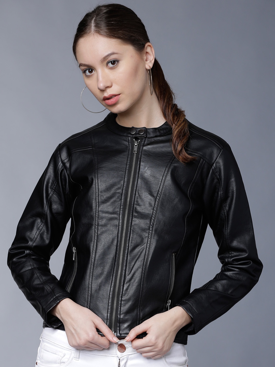 

Tokyo Talkies Women Black Solid Biker Jacket