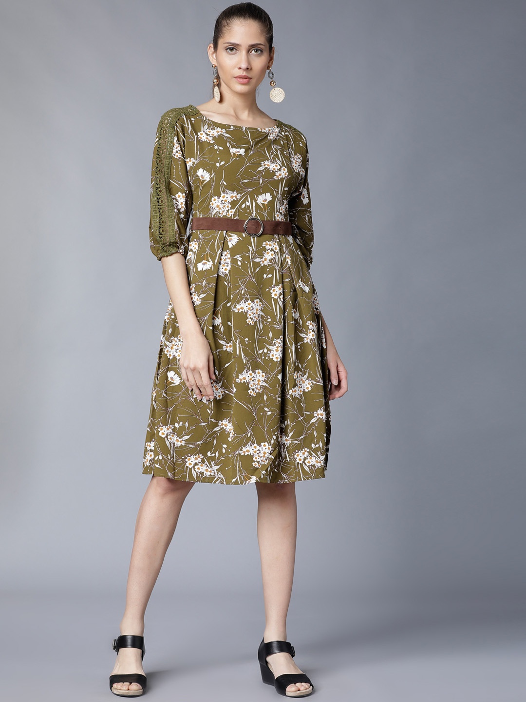 

Tokyo Talkies Women Olive Green Printed Fit and Flare Dress