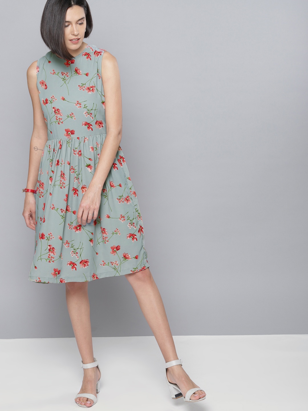 

Tokyo Talkies Women Grey & Pink Printed A-Line Dress