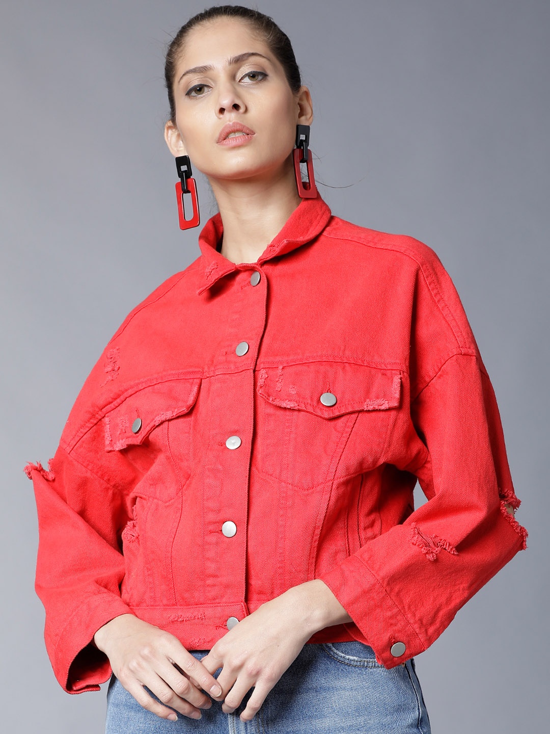 

Tokyo Talkies Women Red Solid Denim Jacket