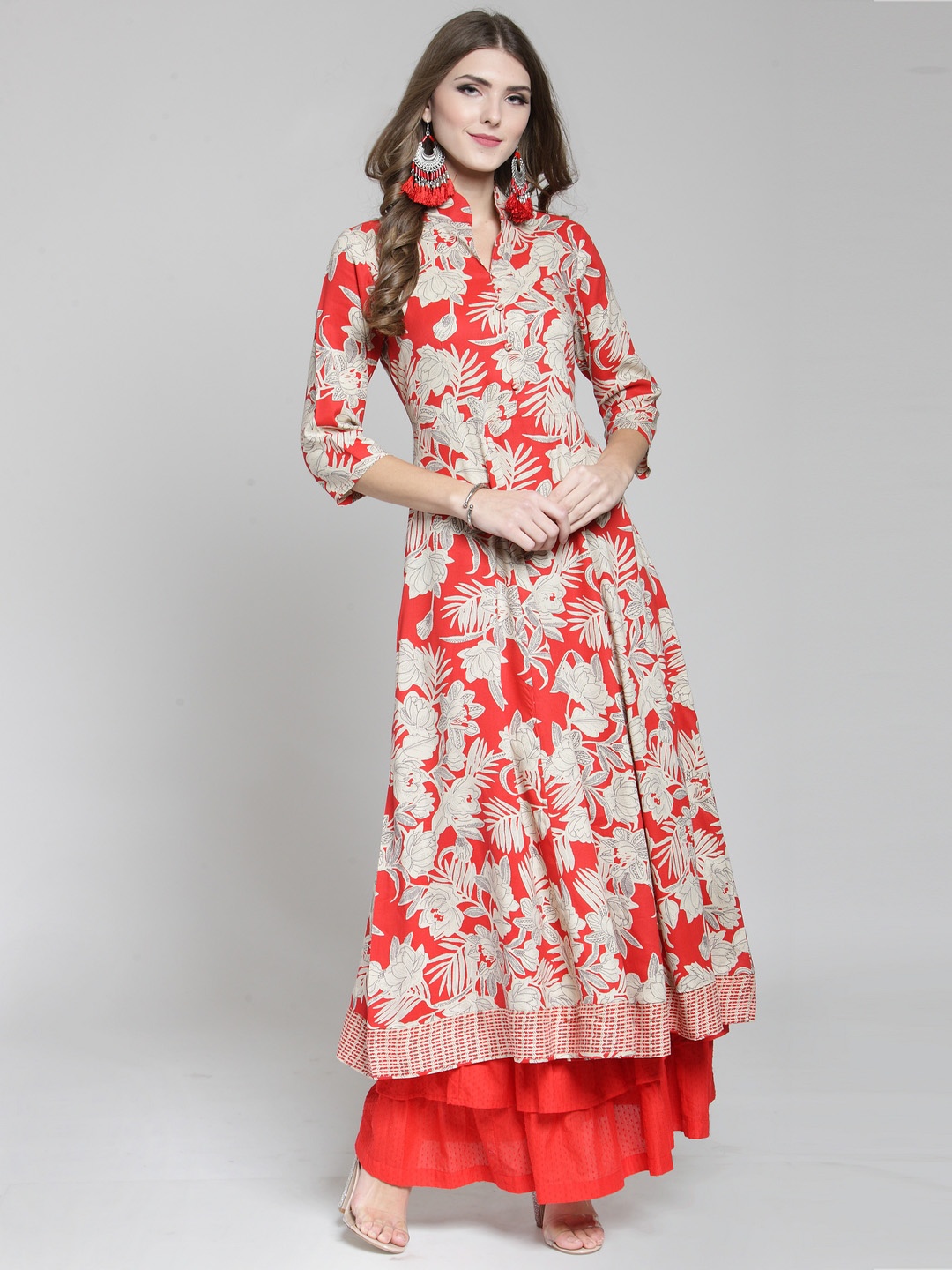 

Sera Women Red & Grey Printed Kurta with Skirt