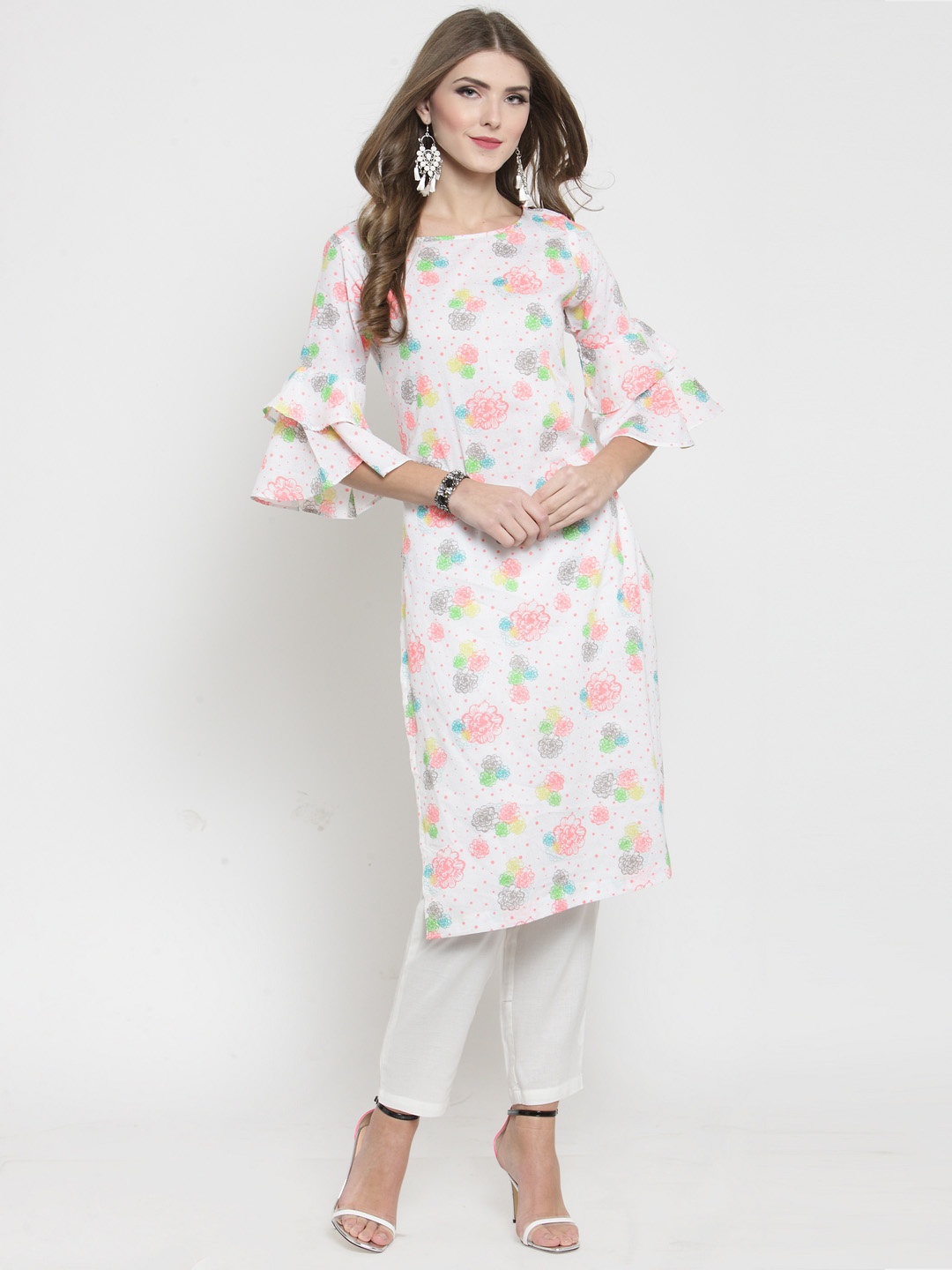 

Sera Women White & Pink Floral Print Straight Kurta